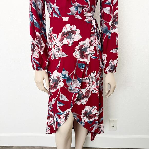 [ModCloth] Sunny Girl Red Floral Print Long Sleeve V-Neck Wrap Midi Dress Sz 10 - Picture 7 of 10